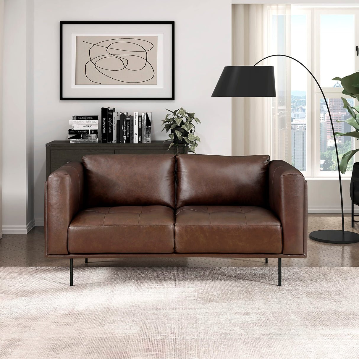 Lexicon Leather Loveseat Sofa, Top Grain Leather Sofa, Modern Couch, Oversized Sofa with Solid Wood Frame and Metal Legs, Couch Leather Sofas for Living Room, Bedroom, Office, 2-Seater Loveseat, Brown Lexicon