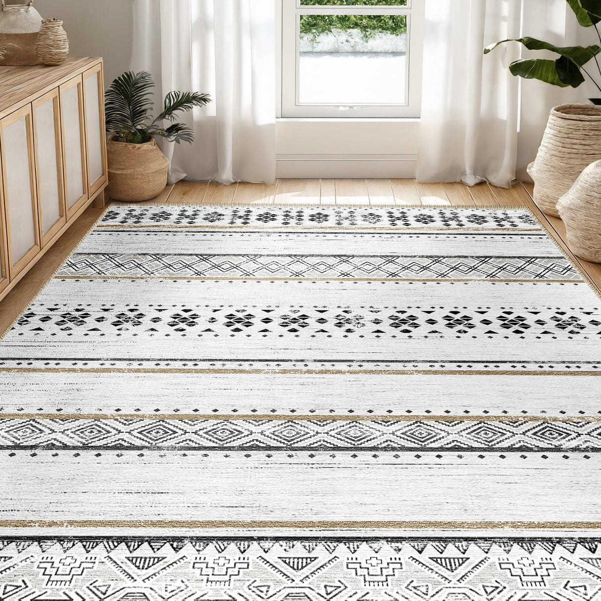 BESTSWEETIE 8x10 Area Rugs for Living Room Washable Moroccan Farmhouse Neutral Geometric Low Pile Non-Slip Soft Print Pattern Rug for Bedroom Kitchen Dining Room Entryway Black/Brown BESTSWEETIE