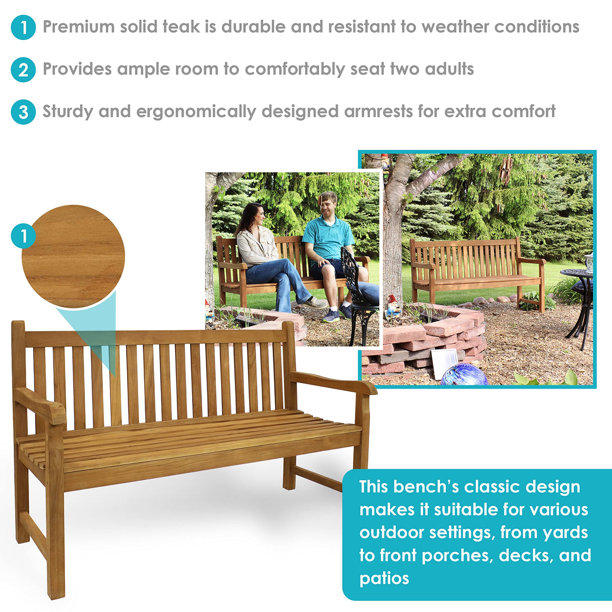 Sunnydaze Mission-Style 59-Inch Teak Wood Outdoor Bench with Light Brown Finish Sunnydaze