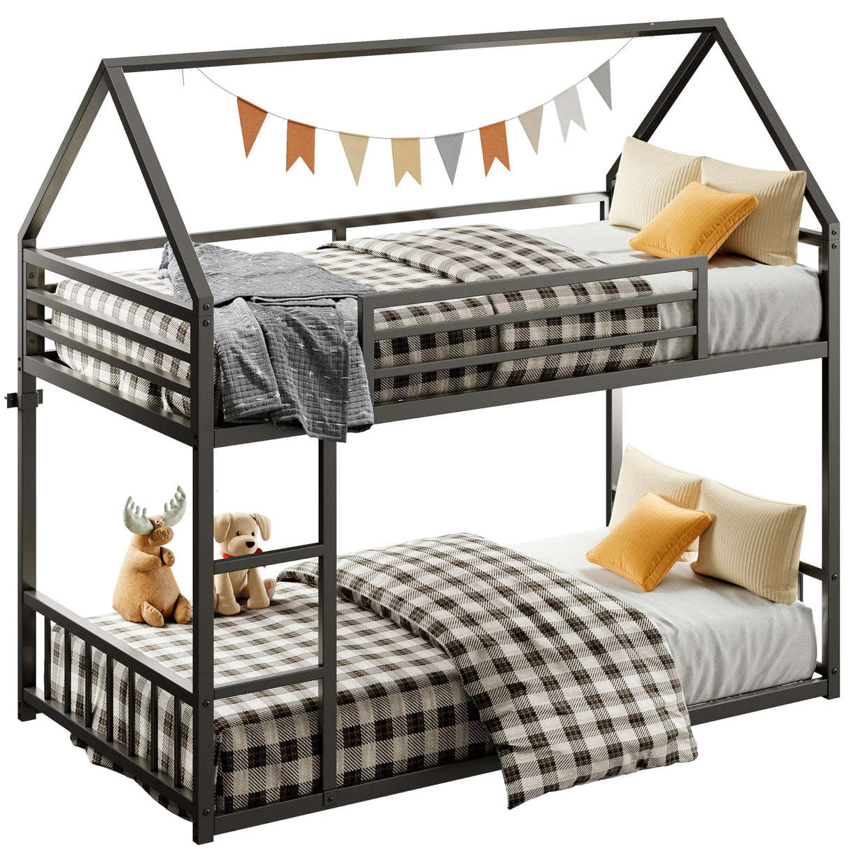 LIKIMIO Bunk Bed Twin Over Twin, House Bunk Bed Frame with Ladder and Guardrail, House Shaped with Metal Slats for Dormitory and Bedroom, Space Saving, No Box Spring Needed, Black LIKIMIO