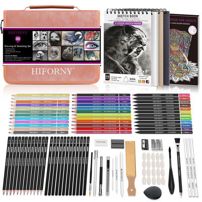HIFORNY 100 PCS Drawing & Sketching Set, Professional Art Supplies with Graphite,Charcoal, Colored,Watercolor,Metallic Pencils,Blending Tools,Sketchbook and Coloring Book in Zipper Case (Pink)
