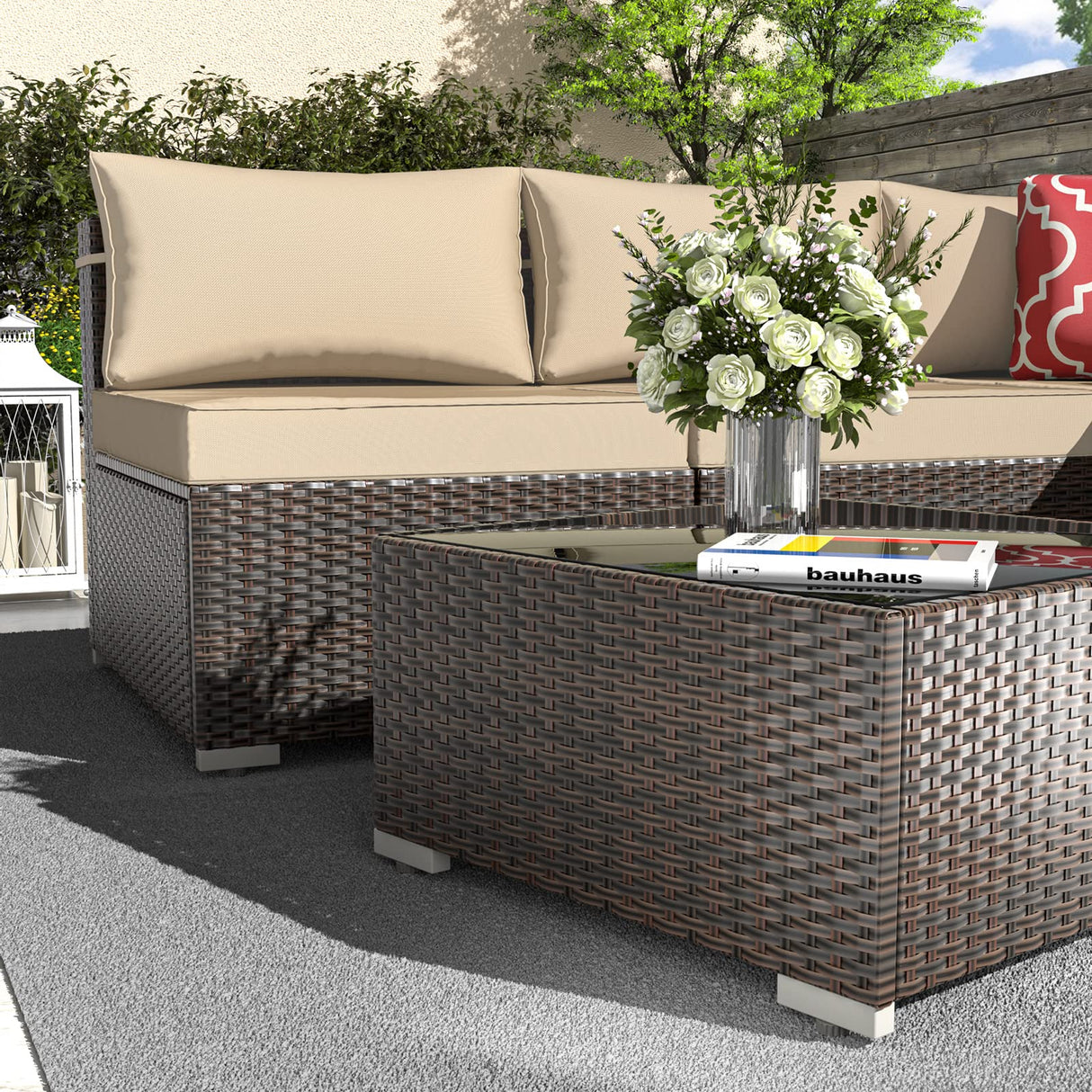 VONZOY Outdoor Patio Furniture Set 7 Pieces Sectional Rattan Sofa Set, PE Rattan Wicker Patio Conversation Set with 6 Seat Cushions and 1 Tempered Glass Table and Furniture Cover, Brown VONZOY
