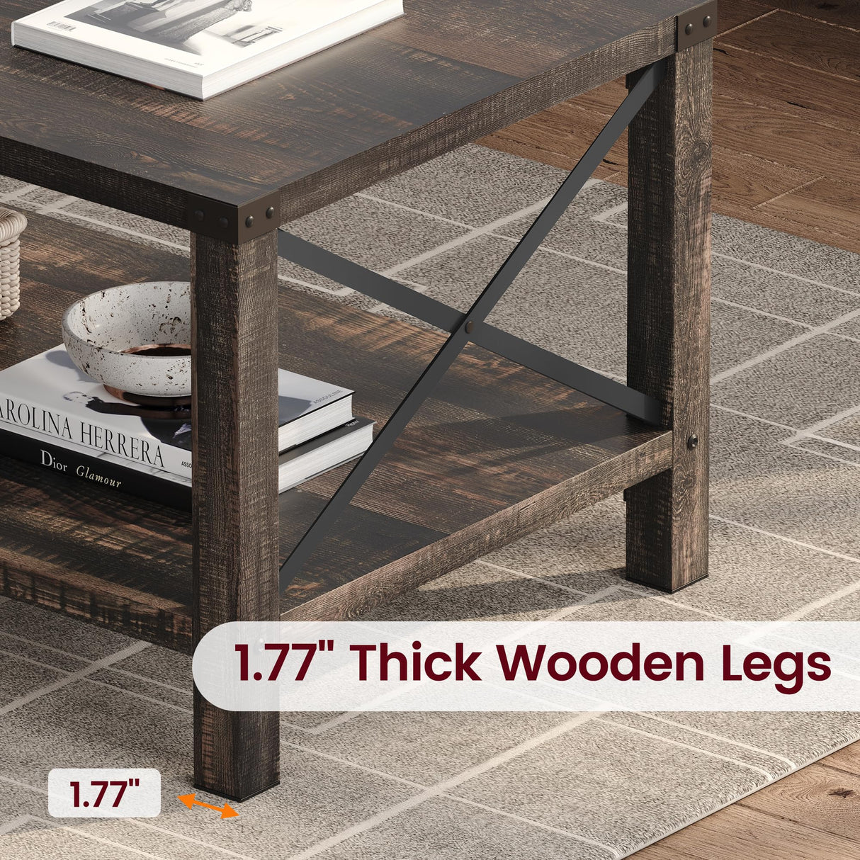 IDEALHOUSE Farmhouse Coffee Table 2-Tier Rustic Center Table Living Room Rectangle Cocktail Table Vintage Wood Look Tea Table with Shelf and X Metal Frame, Easy Assembly IDEALHOUSE