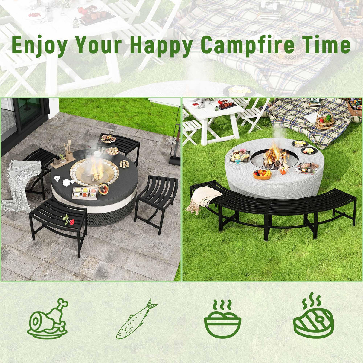 Timechee Metal Curved Fire Pit Bench Set of 4, Outdoor Fire Pit Seating, Steel Backless Outside Fire Pit Bench for Garden, Patio, Porch, Backyard, Plant Stand, Heavy Duty Plant Holder, Style 3, Black Timechee