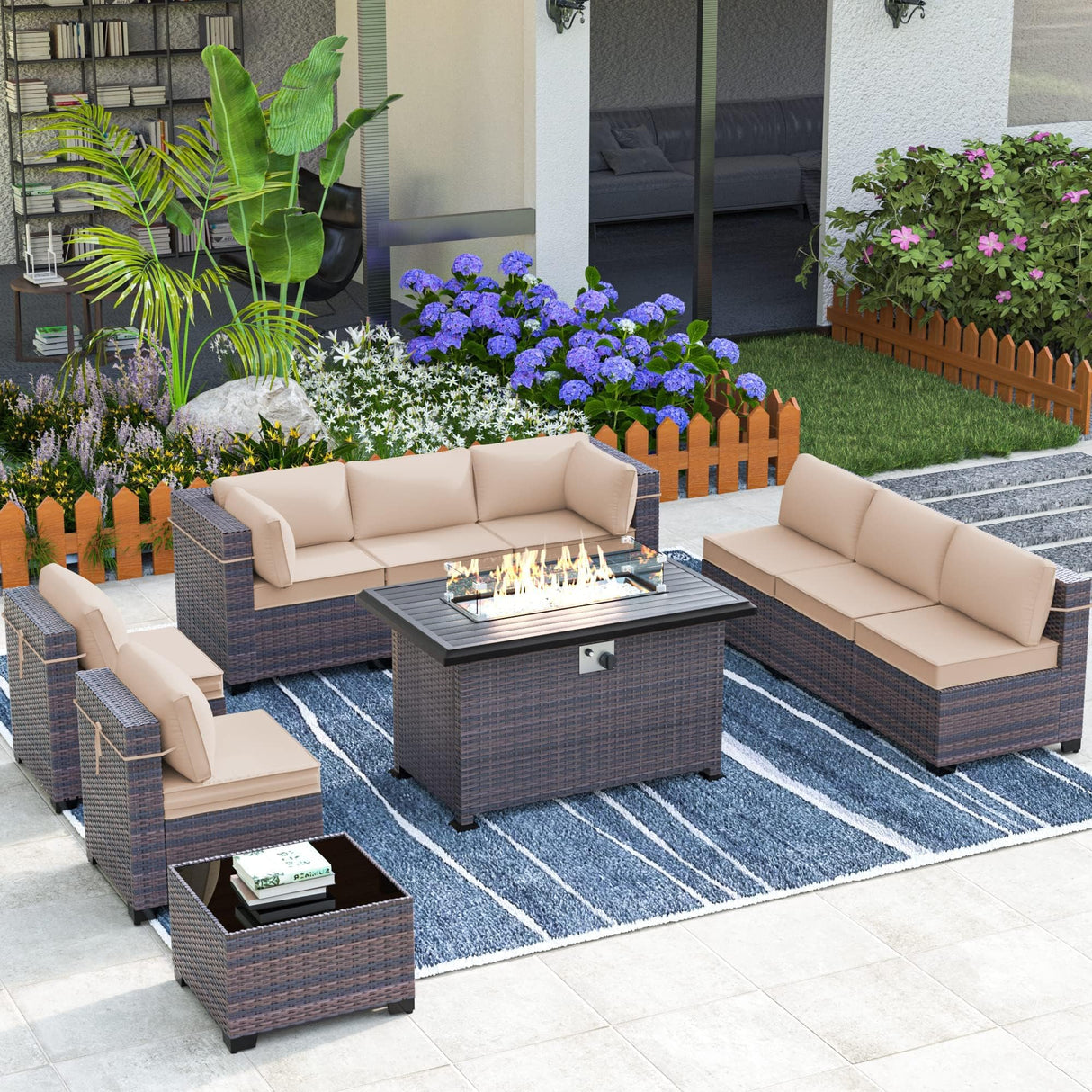 ASJMR Outdoor Patio Furniture Set with Fire Pit Table, 10 Pieces Outdoor Furniture Set Patio Sectional Sofa w/43in Propane Fire Pit, PE Wicker Rattan Patio Conversation Sets - Brown ASJMR