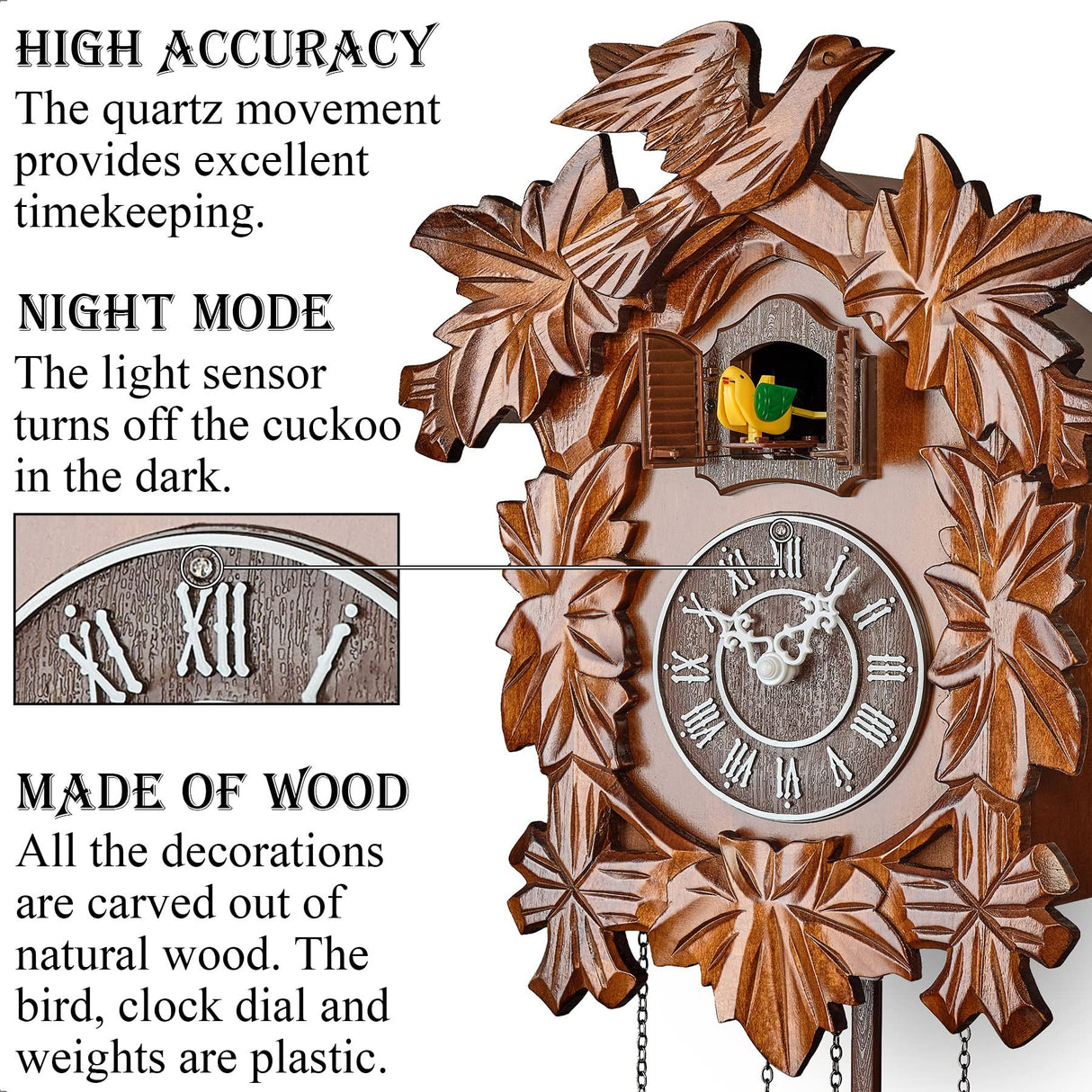 TIMEGEAR Cuckoo Clock with Night Mode, Hand Carved Decorations and Swinging Pendulum (Brown) TIMEGEAR