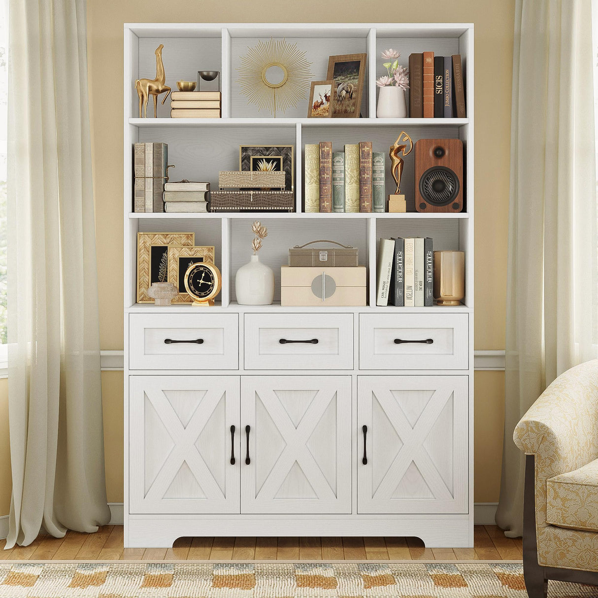IRONCK Bookshelf with Drawers & Doors, Tall Bookshelf with Storage, Bookcase with Cabinets for Home Office, Living Room, White IRONCK