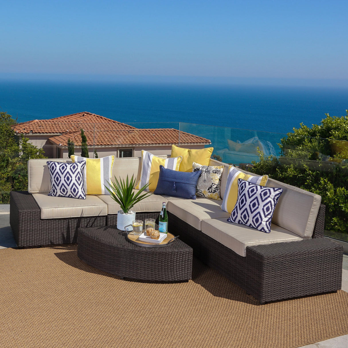 Christopher Knight Home Santa Cruz Outdoor Wicker Sectional Sofa Set with Water Resistant Cushions, 6-Pcs Set, Brown Christopher Knight Home