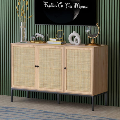 Yechen Sideboard Storage Cabinet with 3 Handmade Natural Rattan Doors, Rattan Cabinet Buffet Table Accent Credenza Console Cupboard, for Living Room Dining Room Entryway Kitchen