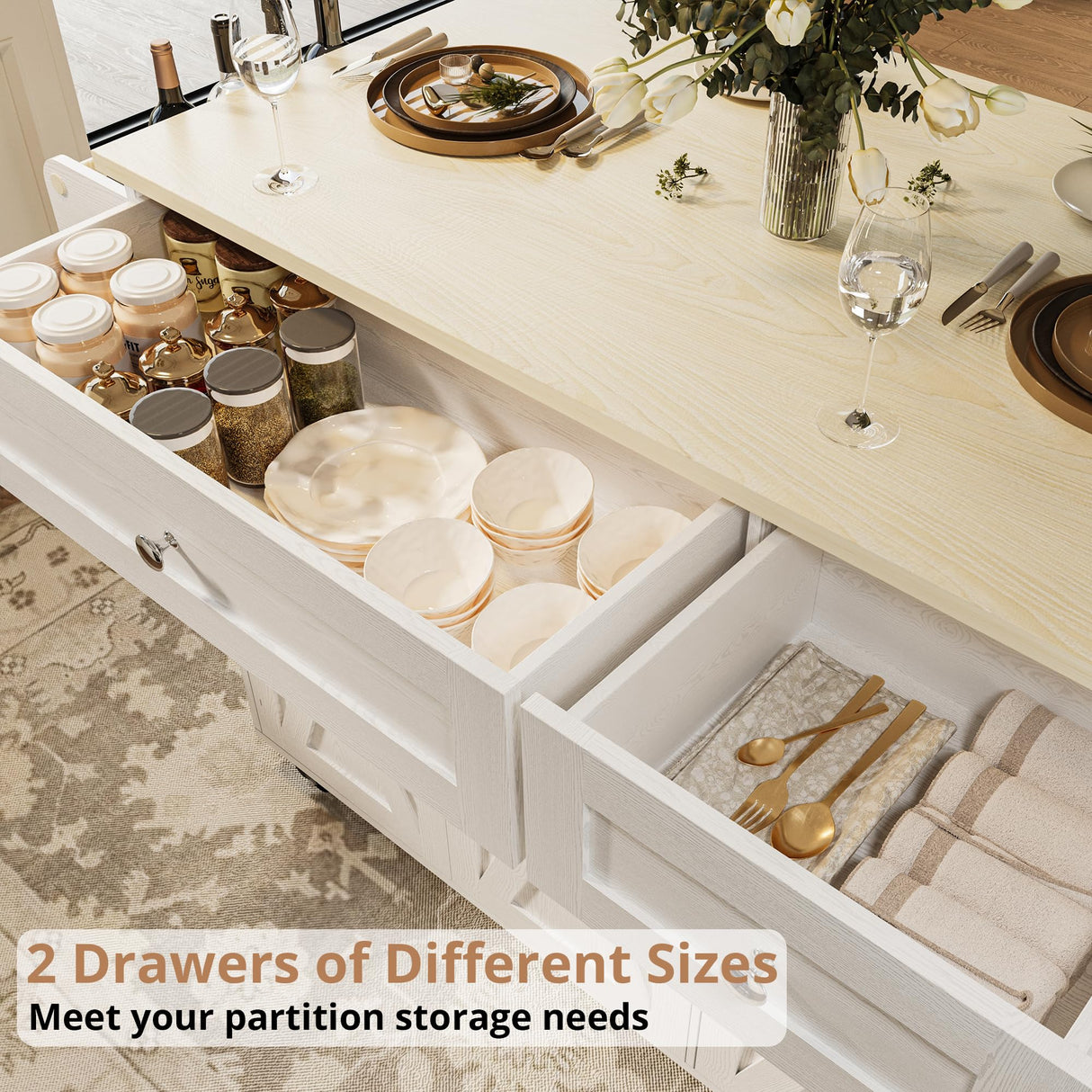 IRONCK Rolling Kitchen Island Table on Wheels with Drop Leaf, 56" Kitchen Island with Drawers and Adjustable Shelves Cabinet, Large Mobile Kitchen Island Cart for Kitchen IRONCK