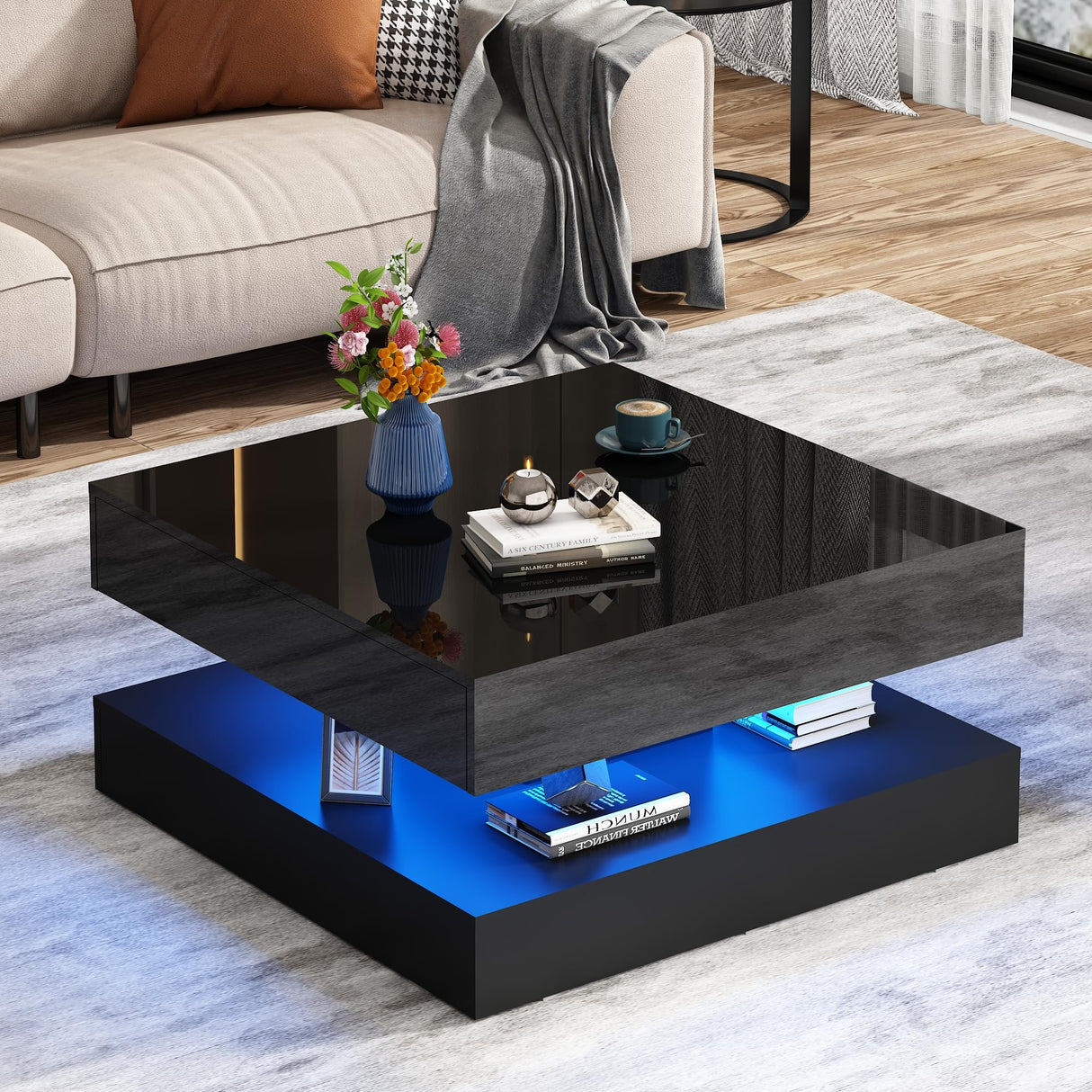 jiteentarou 33.9" LED Coffee Table with Storage, Modern High Glossy Living Room Table w/2 Drawers,Double-Layer Design Large Square Center Table for Living Room, Home, Office, Black jiteentarou