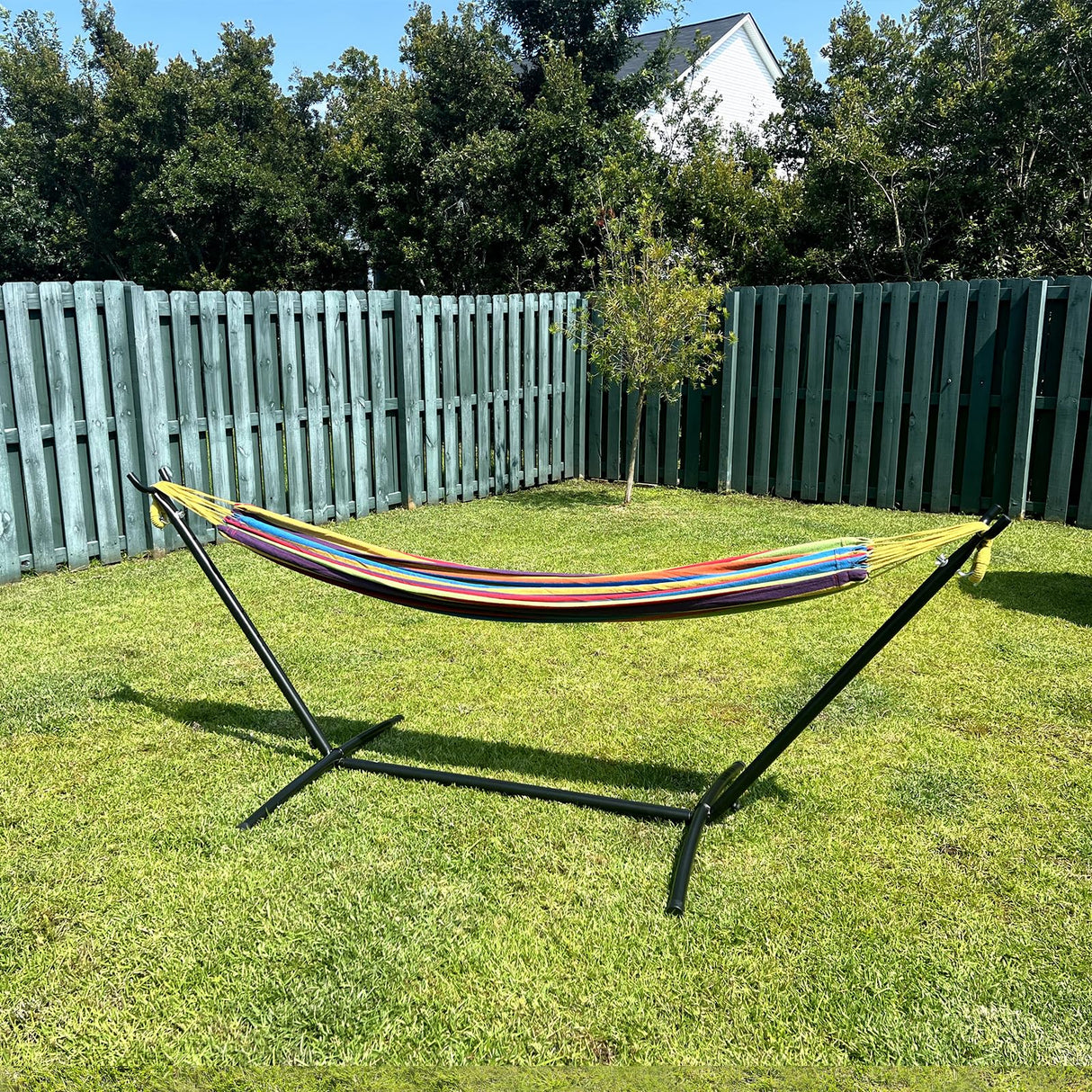 SZHLUX Double Hammock with Stand Included 450lb Capacity Steel Stand, Premium Carry Bag Included and Two Anti Roll Balance Beam SZHLUX