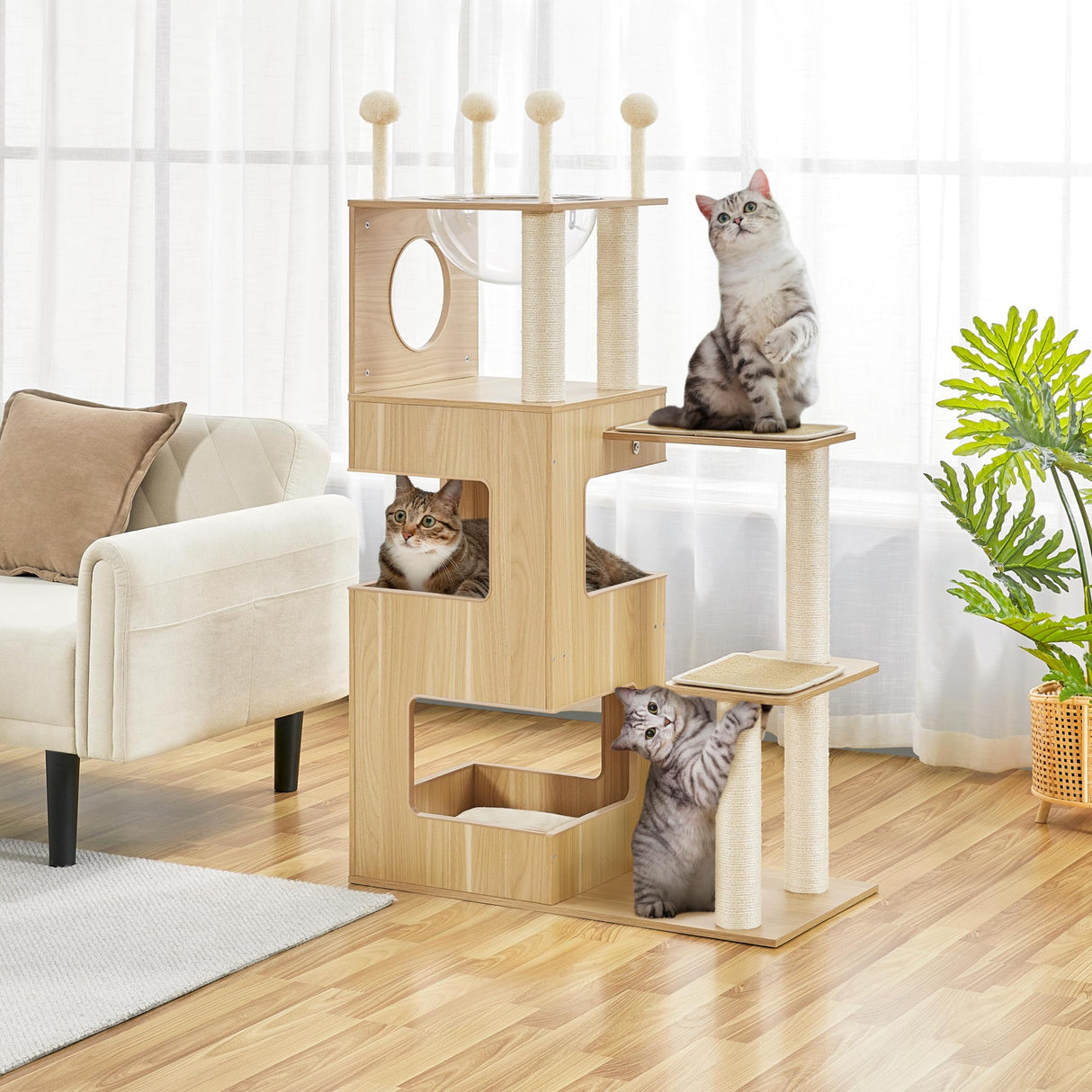 Yaheetech Wooden Cat Tree, 53in Modern Cat Tower for Indoor Cats with Scratching Posts Washable Detachable Cushion, Clear Bowl & Teasing Balls, Multi-Level Heavy Duty Cat Condo Furniture for Large Cat Yaheetech