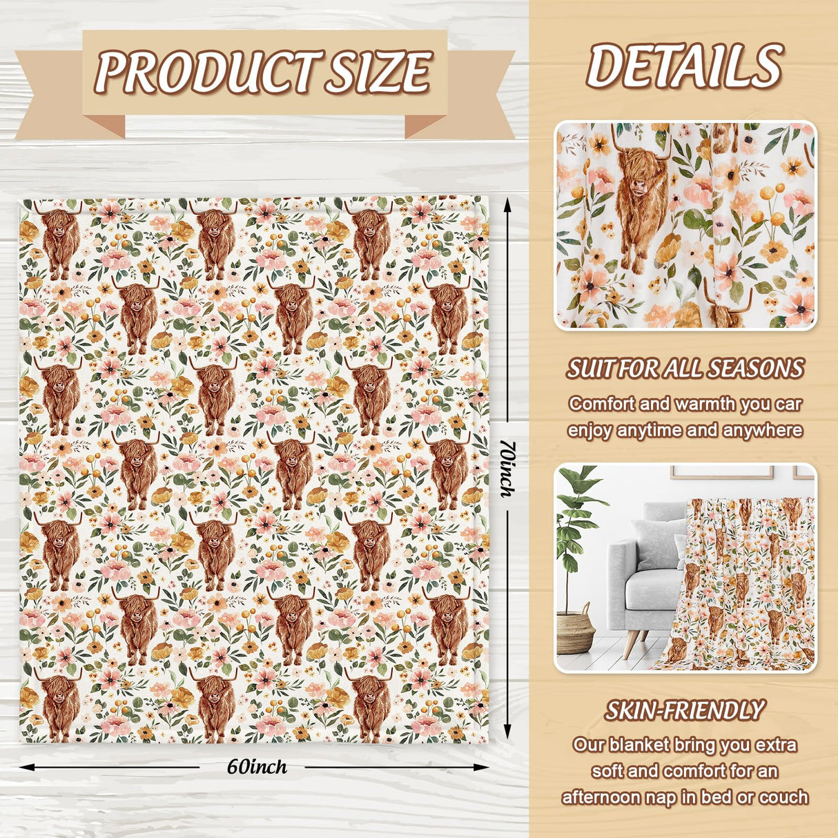 JarThenaAMCS Floral Highland Cow Fuzzy Flannel Blanket 60 x 70 Inch Farmhouse Throw Blanket Watercolor Flower Cow Blanket for Home Chair Sofa Couch Bed JarThenaAMCS