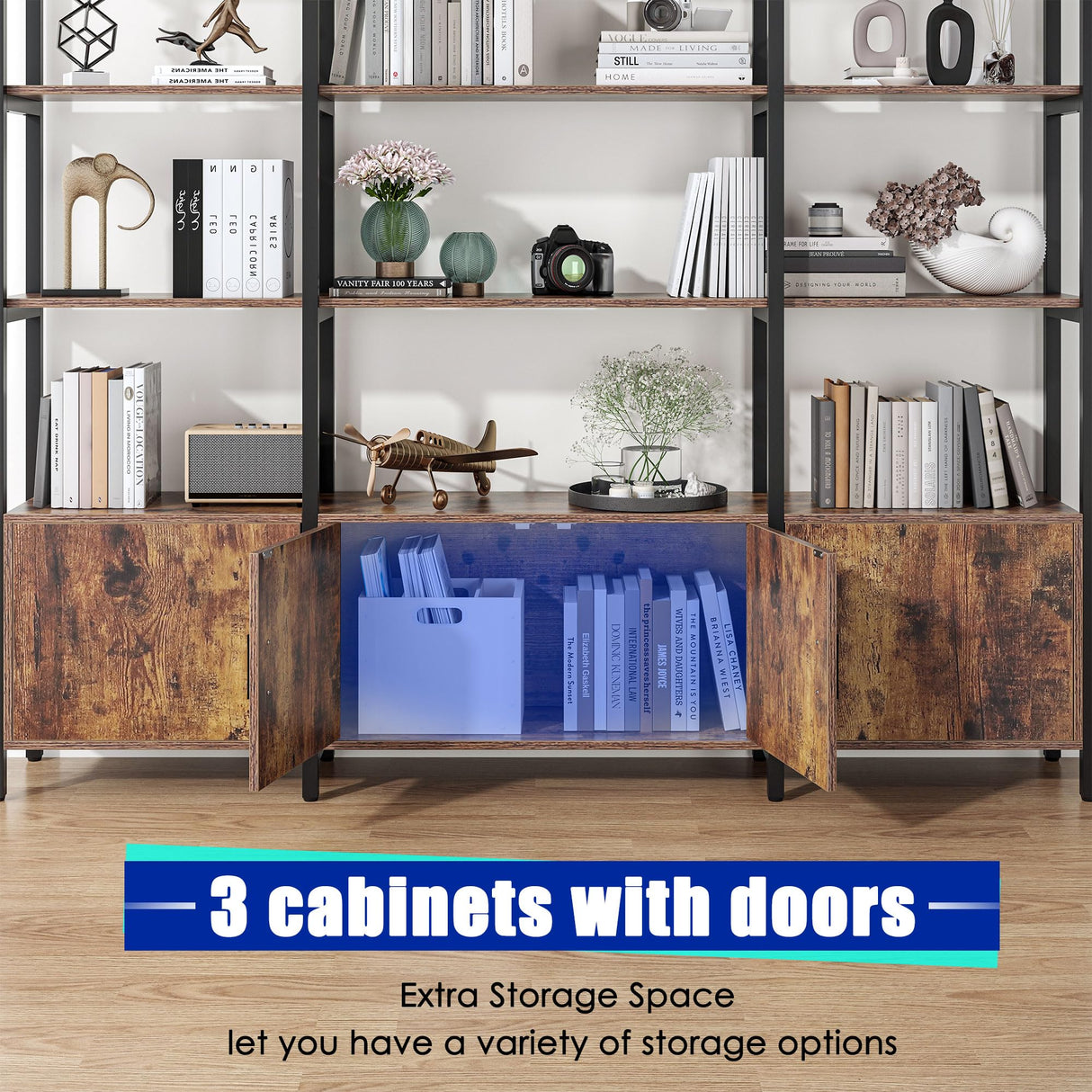 Nosepen Triple Wide 5 Tier Tall Arched Bookshelf and Bookcase with 3 Cabinets, Industrial Metal Etagere Open Bookshelf, Rustic Wood Standing Book Shelf with Black Metal Frame for Bedroom Living Room Nosepen