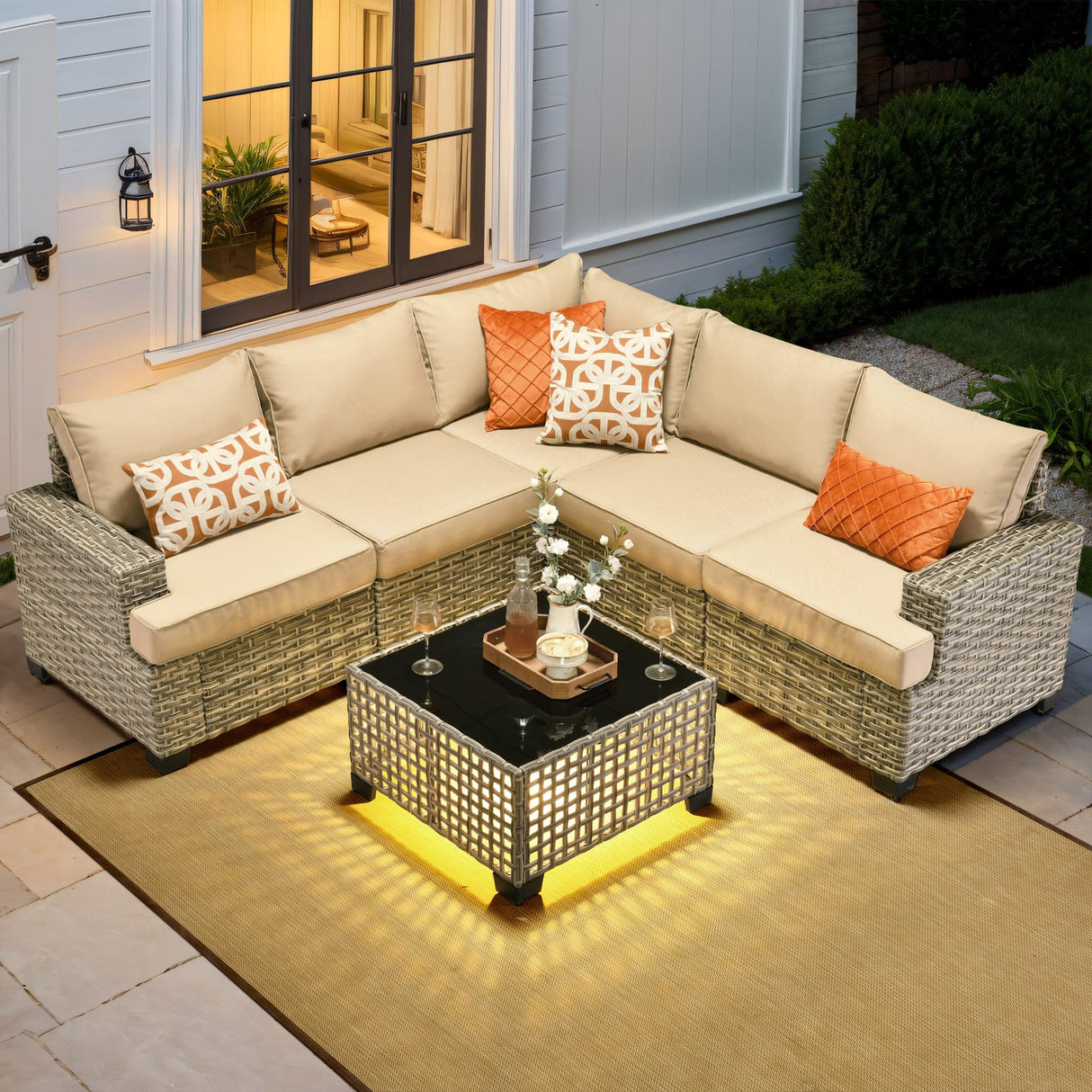 HOOOWOOO Outdoor Sectional Patio Furniture Set,6 Pieces Wicker Conversation Sets L Shaped Couch,Extra Deep Out Door Sofa Outside Furniture,Beige HOOOWOOO