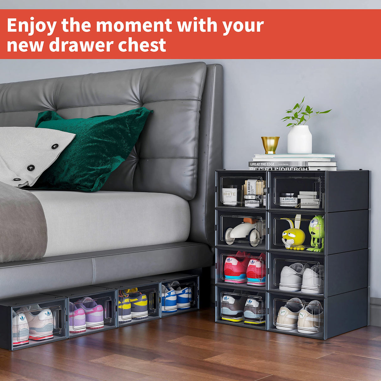 MELDEVO 12 Pack Shoe Organizer Boxes, Black Plastic Stackable Shoe Storage Bins For Closet, Space Saving Shoe Holder Sneaker Display Case for Medium Size Shoes MELDEVO