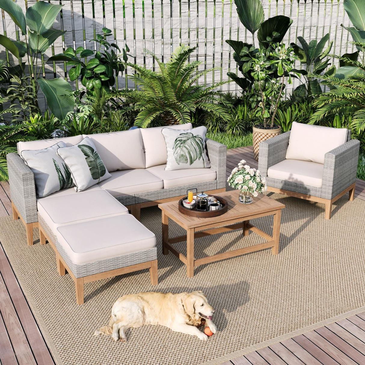 Sophia & William Outdoor Patio Furniture Sets, 5-Piece All-Weather Patio Conversation Set, High Back Wicker Rattan Setional Sofa with Large Single Sofa Chairs, Ottomans & Wooden Coffee Table (Beige) Sophia & William