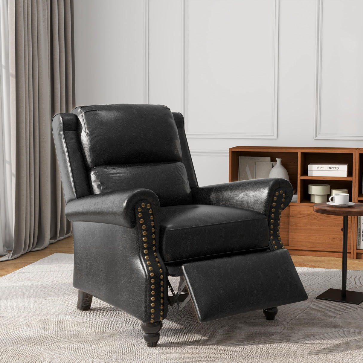 UIXE Pushback Recliner Chairs Set of 2, PU Leather Armchair Push Back Accent Chair, Rivet Trim Club Chair Home Theater Overstuffed Single Sofa Reading Seat for Living Room, Black UIXE