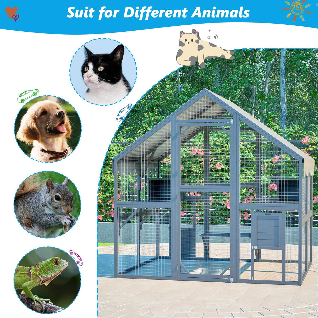 74" Large Wooden Outdoor Cat Catio Enclosure, 6×4ft Walk in Cats House Outside, Cat Shelter Kitty Cage with Sleeping Houses, Bridges, Walking Paths, 3 Doors, Weatherproof Cover Hohuqeri