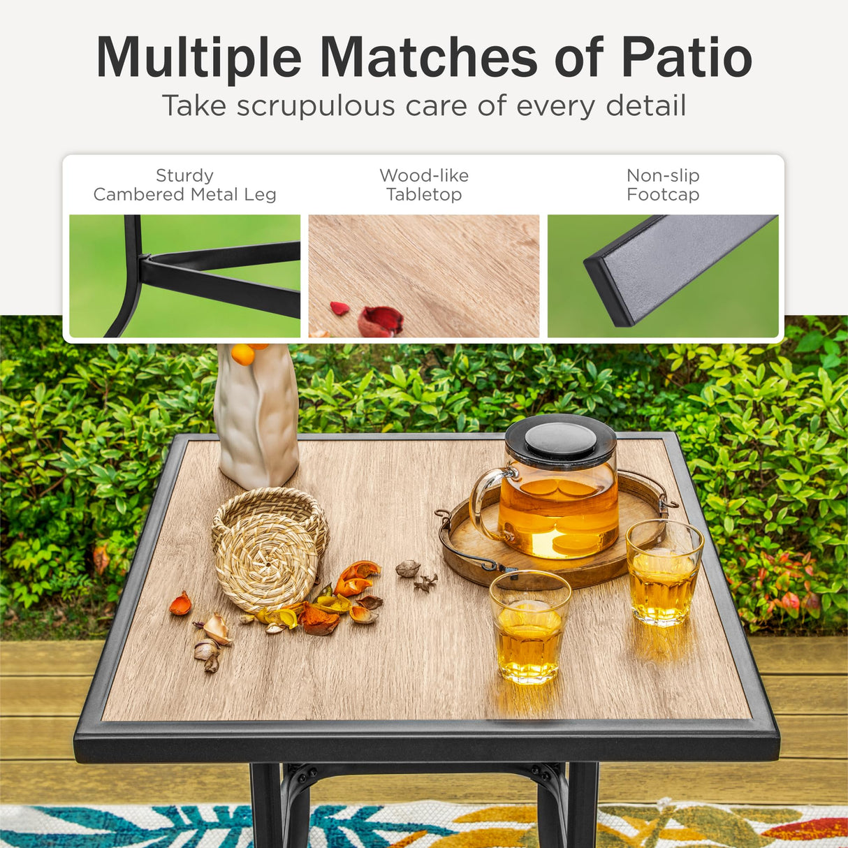 PHI VILLA Patio Bar Table, Outdoor Bar Height Bistro Table with Wooden-Like Table Top & Metal Frame, Brown PHI VILLA