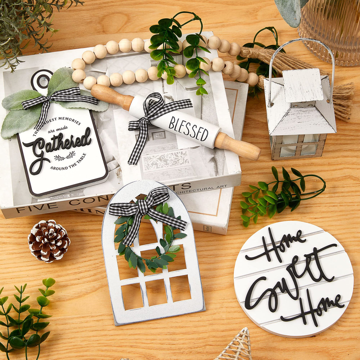 Houmury Set of 16 Farmhouse Tiered Tray Decor with 1 Lantern Artificial Plant& Cutting Board Sign for Rustic Home Kitchen Decor Tier Tray Decor Set (Tiered Tray Not Included) Houmury