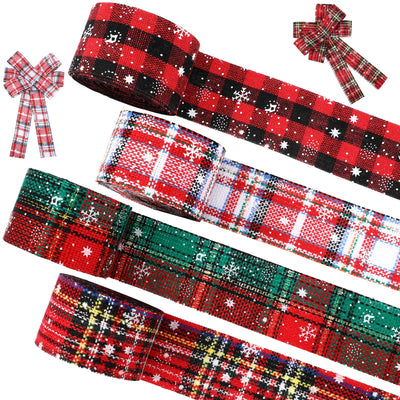4 Rolls Christmas Plaid Ribbon - Snowflake Plaid Burlap Ribbon for Christmas Tree Wrapping, 24 Yards (1.6 Inch)