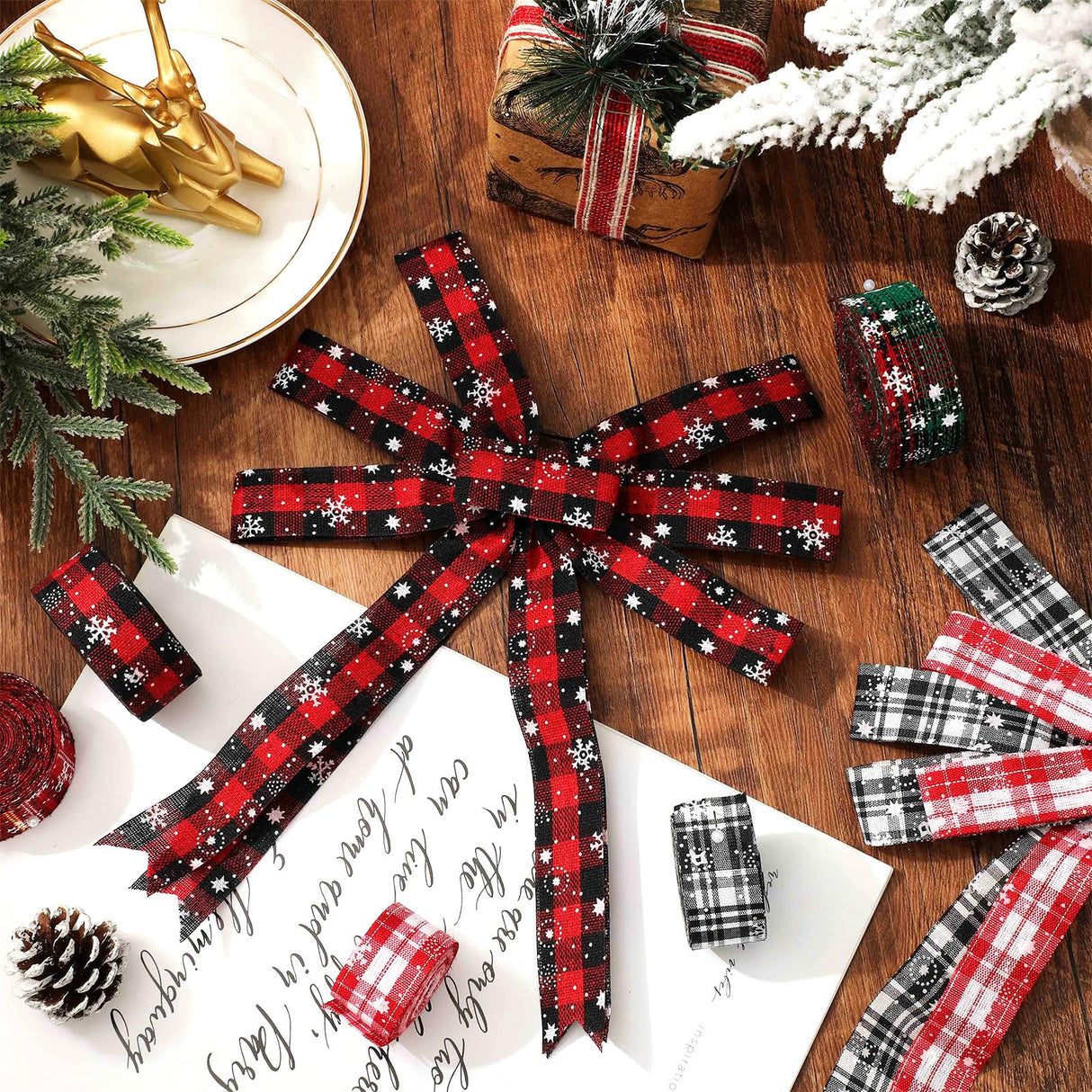 Whaline 5 Rolls 30 Yard Christmas Burlap Ribbon - 1 Inch Snowflake Plaid for Gift Wrapping, Winter Xmas Decorations, DIY Crafts, Wreath Bow Making Supplies Whaline