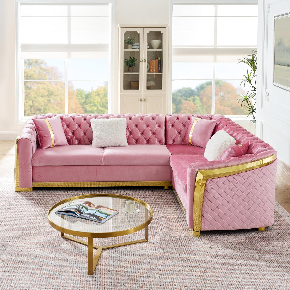 KEIKI 106" L-Shaped Luxury Velvet Chesterfield Sectional Sofa with Gold Stainless Steel Accents and 5 Pillows, Mid-Century Oversized 5-Seater Button Tufted Couch, Easy Assembly, for Living Room, Pink KEIKI