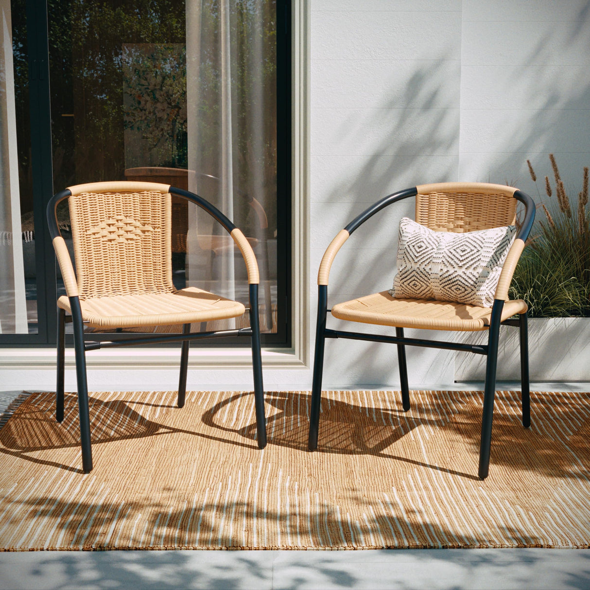 Flash Furniture Lila 2 Pack Beige Rattan Indoor-Outdoor Restaurant Stack Chair Flash Furniture