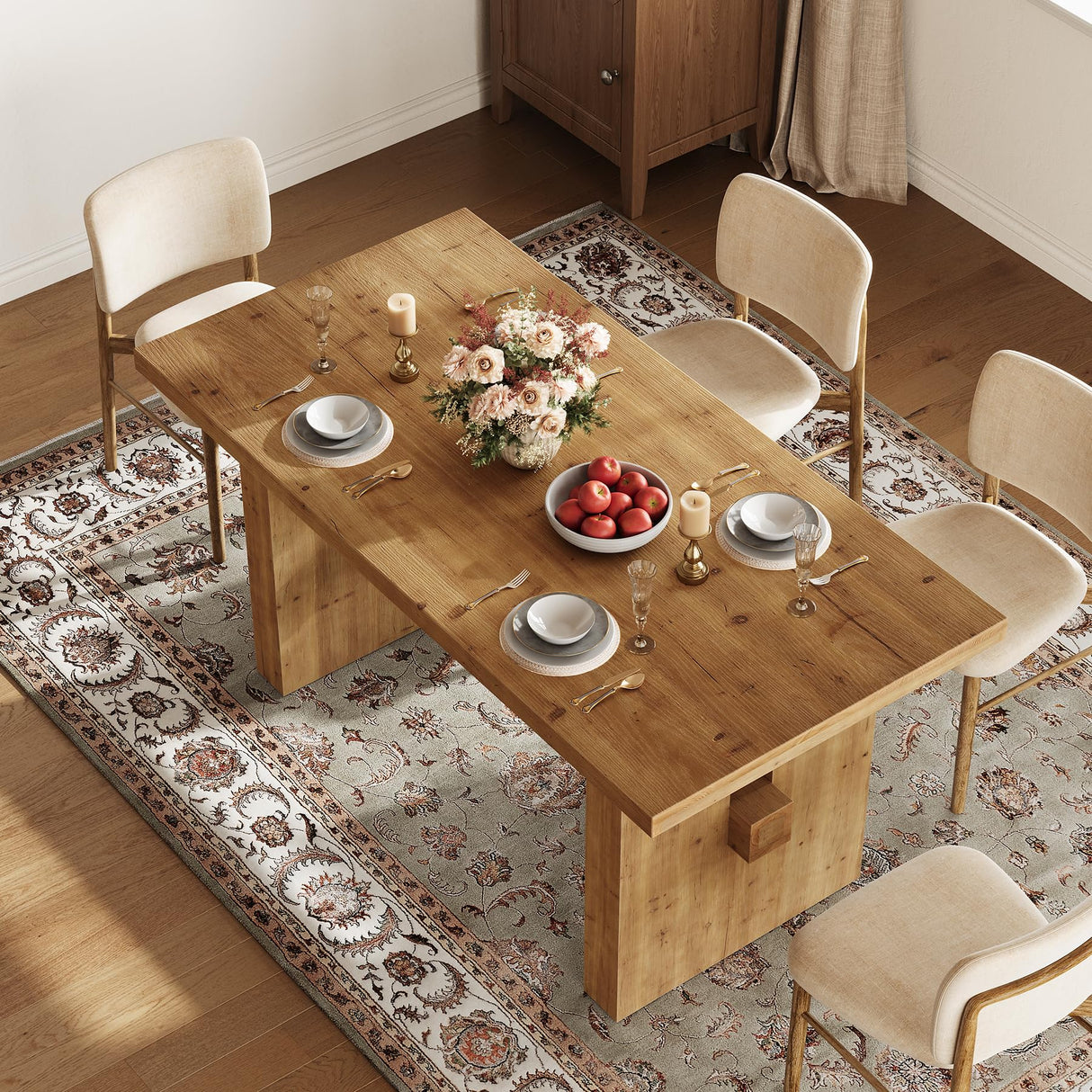 TRIBEWOOD 63 Inch Farmhouse Dining Table, Large Solid Wood Kitchen Table for 6, Rectangular Wood Dinner Table for Dining Room, Living Room, Easy Assembly, Heavy Duty Legs, Light Brown TRIBEWOOD