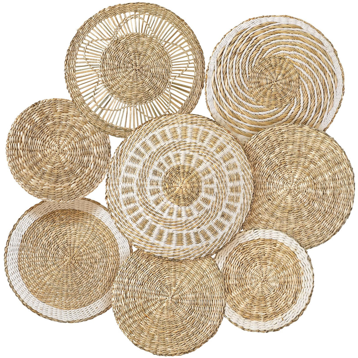 Xuhal Set of 8 Hanging Woven Wall Basket Handmade Decorative Rustic Boho Basket Decor Handcrafted Wicker Round Seagrass Wall Art for Home Kitchen Farmhouse Table Living Room Xuhal