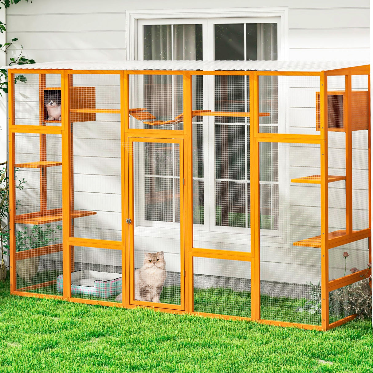COZIWOW Catio Outdoor Cat Enclosure Window Catios for Indoor Cats Outside Patio Wooden Cattery with Large Door, Walks, Waterproof Roof, Resting Box, 104" L Extra Wide, Orange COZIWOW