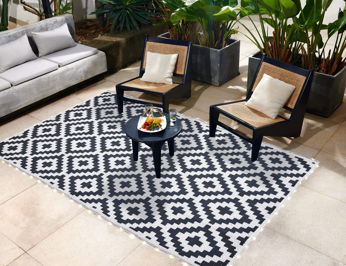 URBEST Outdoor Camping Mats Rugs Reversible Waterproof RV Deck Porch Plastic Rugs Led Illuminated Patio Mat Black-White 9x12 Feet URBEST