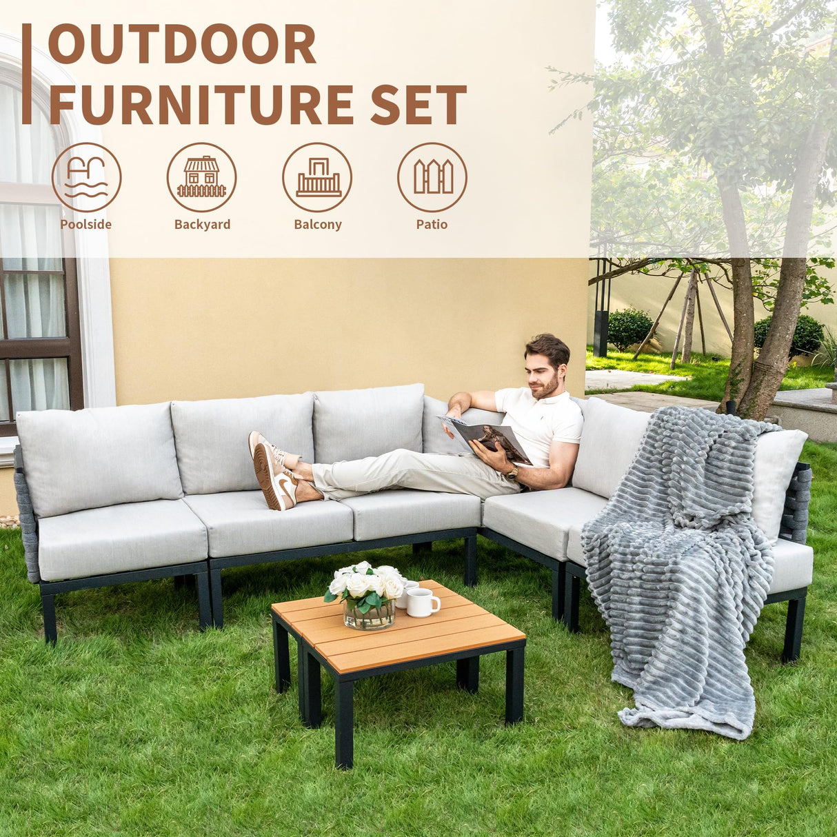 PIZZELLO 8 Pieces Patio Furniture Set Metal All Weather Outdoor Sectional Patio Sofa Seating Couch with 6" Thick Cushions and 2 Coffee Tables (Beige) PIZZELLO
