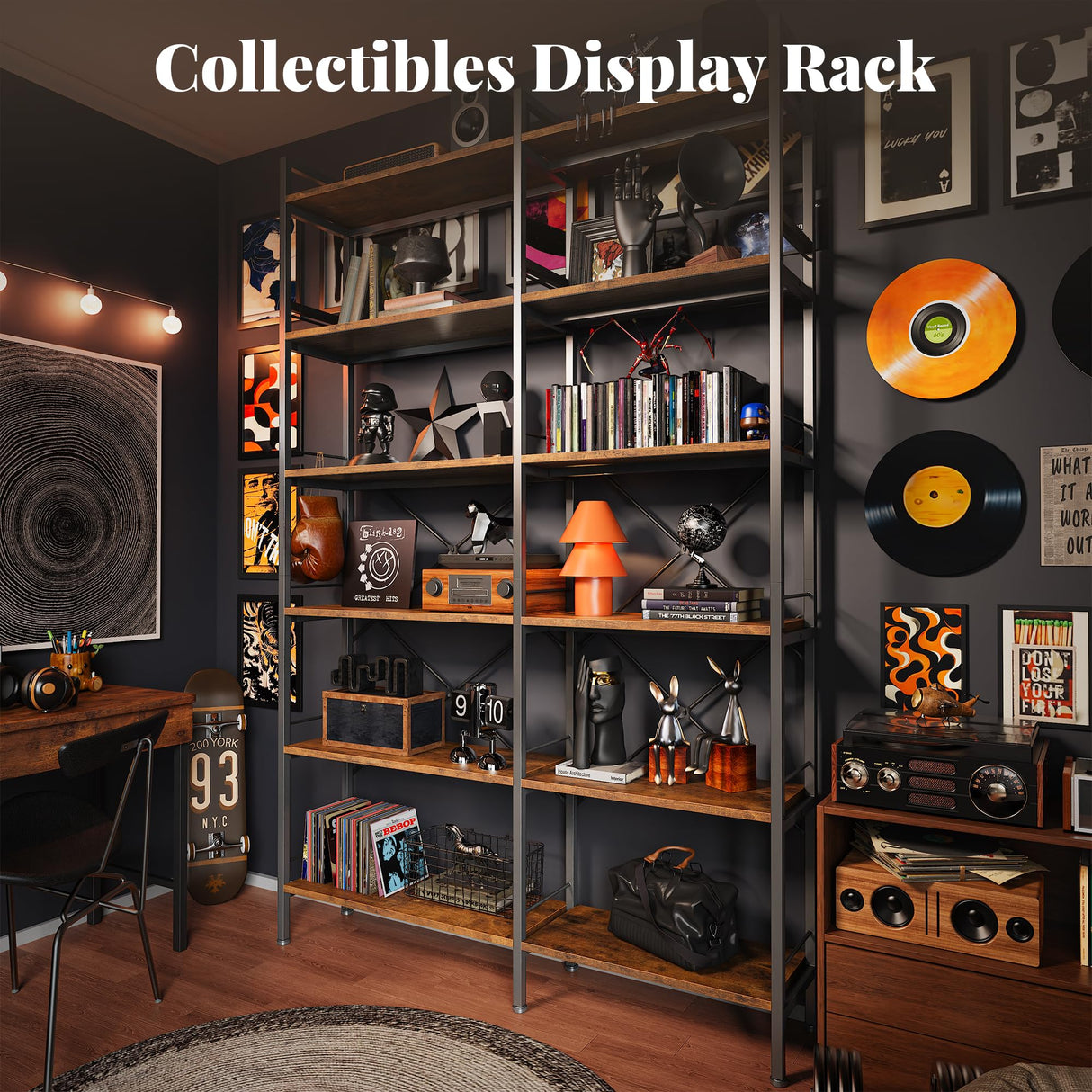 Huuger 6 Tier Bookshelf, L Shaped Corner Bookshelf with Open Shelves, 49.4 Inch Straight Wide Bookcase with Metal Frame and Wooden Board, Adjustable Feet, Rustic Brown Huuger