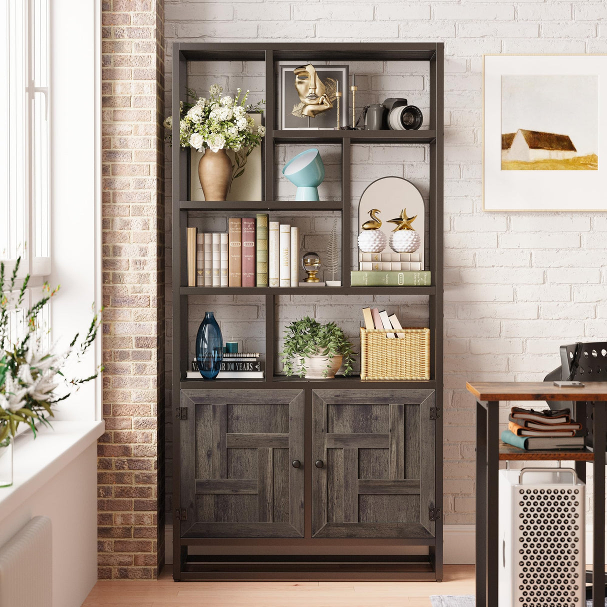 IRONCK Bookshelves and Bookcases, 71inch 6 Tiers Tall Bookcase with Storage Cabinet, 35.4in Wide Book Shelf with Doors and Adjustable Shelves, Industrial Bookshelf for Home Office, Living Room IRONCK