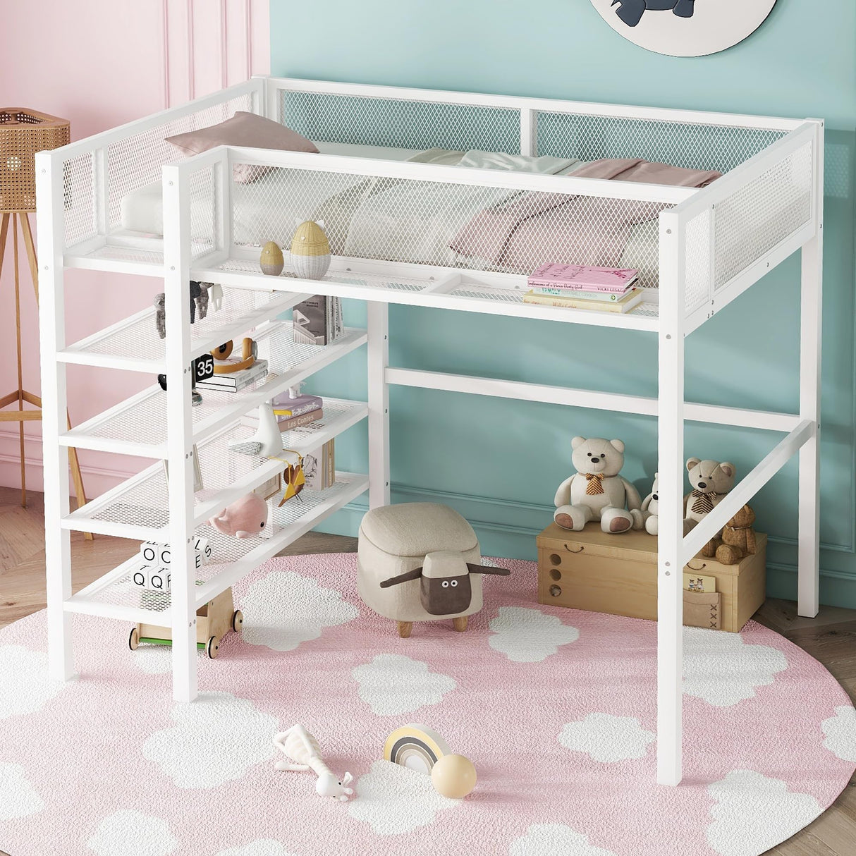 Bellemave Full Size Loft Bed with 4-Tier Shelves and Storage, Metal Loft Bed with Bookshelf, Full Size Loft Bed with Storage Stairs(White) Bellemave