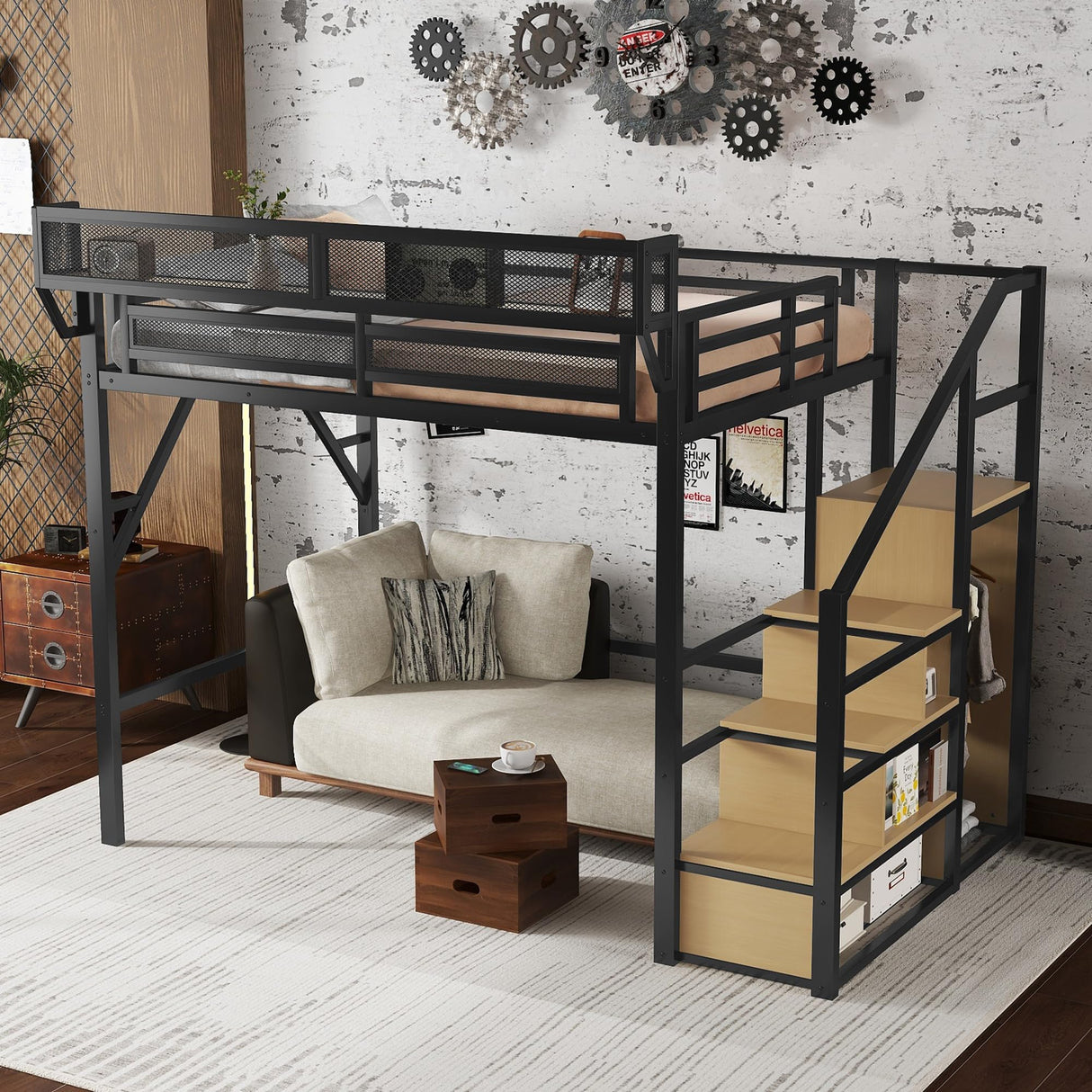 Mirightone Full Size Loft Bed with Stairs, Metal Loft Beds, High Loft Bed Frame with Storage Shelves, Lofted Full Bed with Wardrobe for Kids and Teens, No Box Spring Needed (Black+Natural) Mirightone