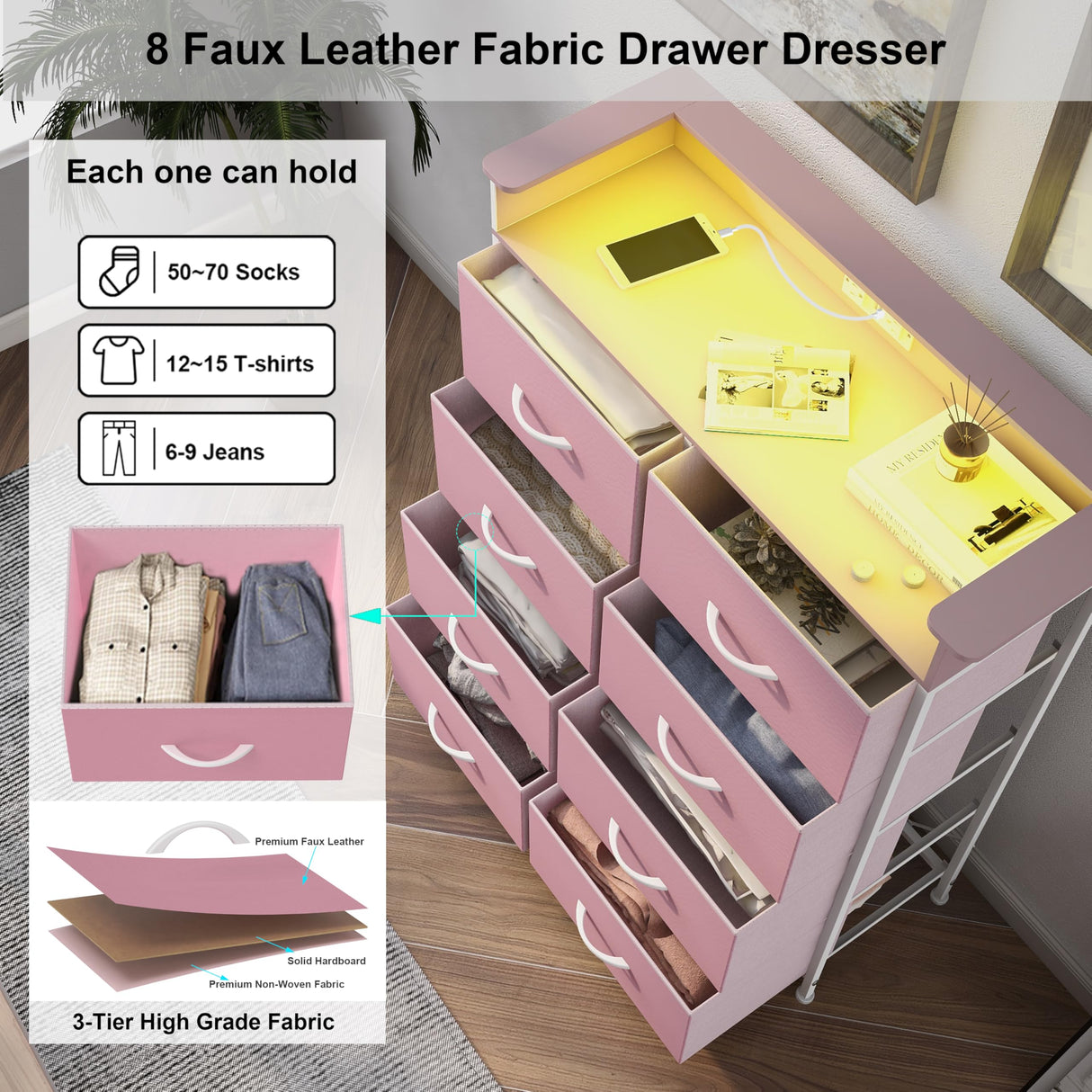 Welfuturer Pink Dresser for Bedroom with Charing Station Dressers with LED Lights Tall Dresser with 8 Drawers Storage Tower for Closet Living Room Hallway Entryway Sturdy Steel Frame Wood Top Welfuturer