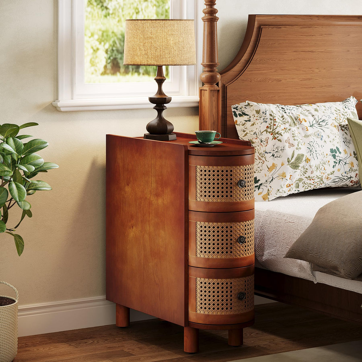 Tribesigns 3-Drawer Rattan End Table, Solid Wood Sofa Side Table with Vintage Embossed Handles, Slim Nightstand for Living Room, Bedroom, Finished Back, No Assembly (Walnut & Oak, 1 PC) Tribesigns