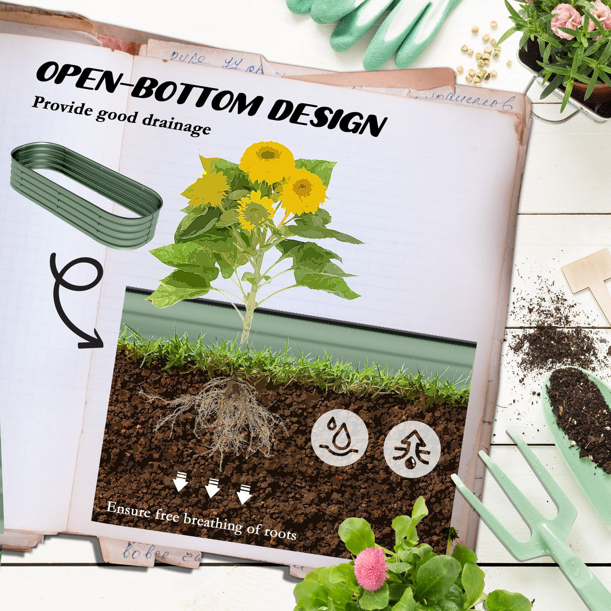 Outsunny 5' x 2' x 1' Galvanized Raised Garden Bed Kit, Outdoor Metal Elevated Planter Box with Safety Edging, Easy DIY Stock Tank for Growing Flowers, Herbs & Vegetables, Green Outsunny