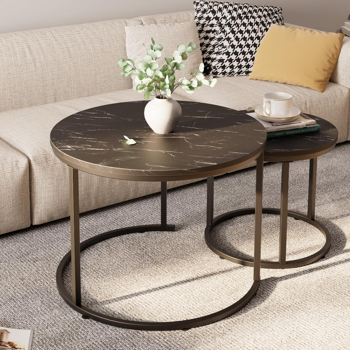 aboxoo Round Nesting Coffee Table Side Set of 2 End Tables for Living Room Bedroom Balcony,Black Faux Marble Wooden Table 23.6IN Accent Large Coffee Table with Steel Frame aboxoo