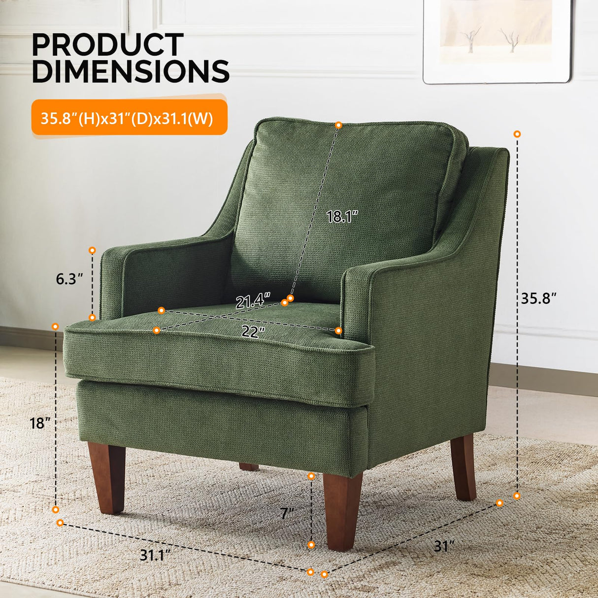 VINGLI Mid-Century Accent Chairs Set of 2, Green Upholstered Armchair Comfy Sofa Chairs Reading Chair High Back Living Room Bedroom Furniture for Apartment VINGLI