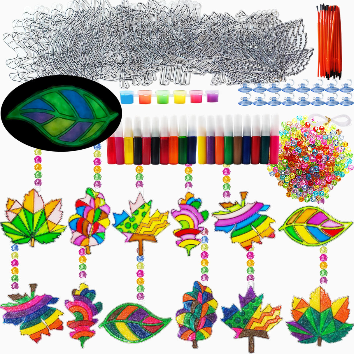 Ayhuhra 30 Sets Fall Maple Leaf Suncatcher Crafts Kits DIY Glow in The Dark Window Art Paint Kit Fall Leave Sun Catchers for Classroom Automn Thanksgiving Harvest Party Project Activity Ayhuhra