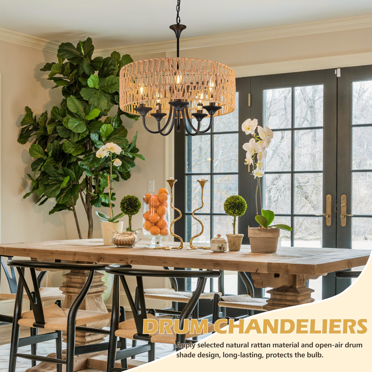 Bagood 5-Light Large Boho Rattan Pendant Lighting with Hand Woven Wicker Shade 19.7" Wicker Light Fixture Farmhouse Rattan Chandelier Drum Pendant Light Fixture for Dining Room Living Room Kitchen Bagood