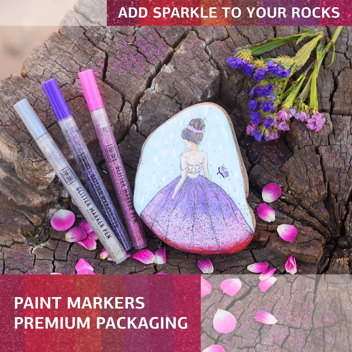 Art Owl Acrylic Glitter Paint Marker Pens, Medium Pens for Rock Painting, Stone, Ceramic, Glass, Wood, Fabric, Card Making, Canvas, DIY Crafts - Set of 12 Sparkle Paint Markers Art Owl