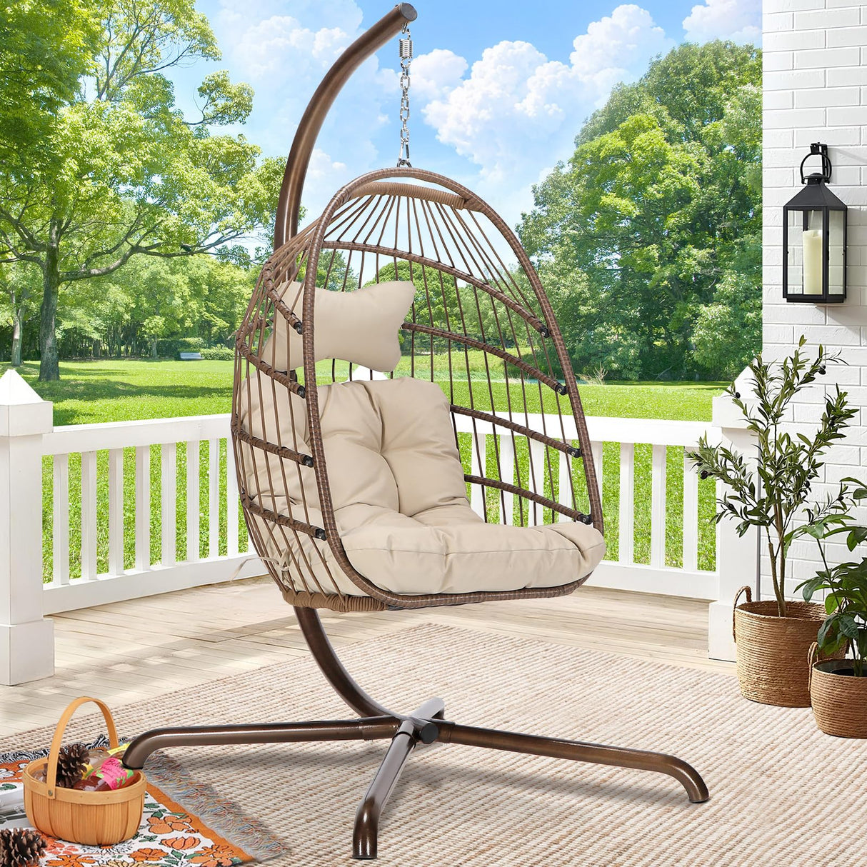 RADIATA Patio Hanging Egg Chair with Stand, Rattan Swing Chair with Cushion and Pillow, Wicker Hammock Chair for Indoor Outdoor Bedroom Living Room Garden (Brown with Cover) RADIATA