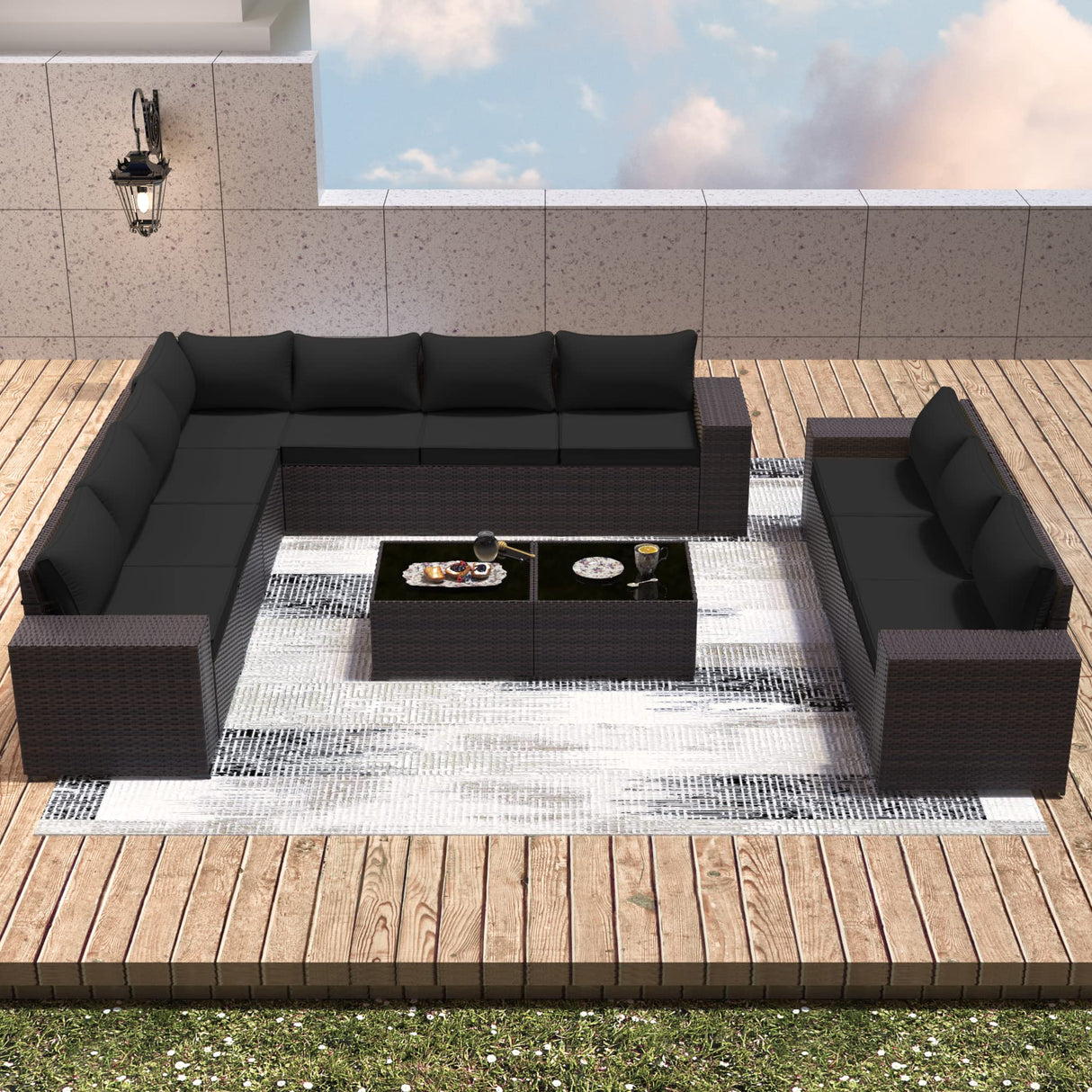 RTDTD Outdoor Patio Furniture Set with Propane Fire Pit Table, 13 Pieces Outdoor Furniture Patio Sectional Sofa Conversation Sets w/ETL Approved 43" Gas Outdoor Fire Table & Coffee Table(Black) RTDTD