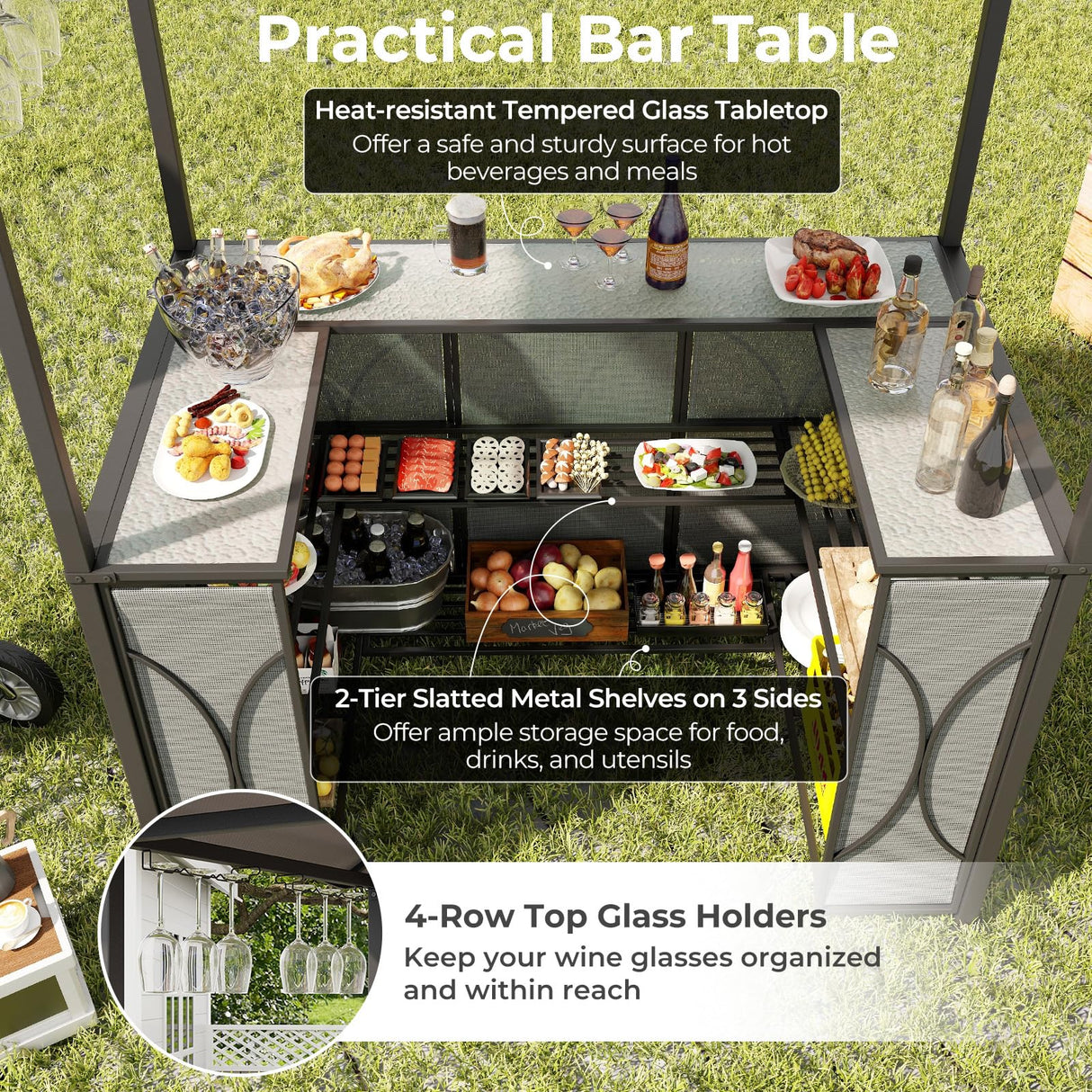 Tangkula 3-Piece Patio Bar Set, Grill Gazebo & 2 Bar Stools with Tempered Glass Bar Table, Metal Storage Shelves, Glass Holders, Double-Tier Soft Top Canopy BBQ Gazebo Shelter for Patio Garden (Grey) Tangkula